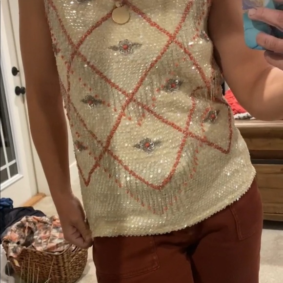 Vintage beige orange western sequin tank blouse - Picture 4 of 9